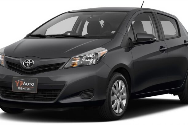 Create 2014 Toyota Vitz png dark grey. brand with YP Auto Rental water mark put water mark on license plate Also generate front side view 2